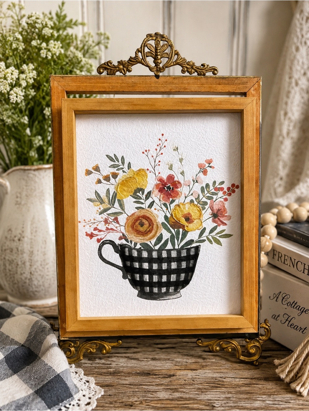 Upcycled Cottage Floral Wall Art Buffalo Check Ornate Frame gallery wall